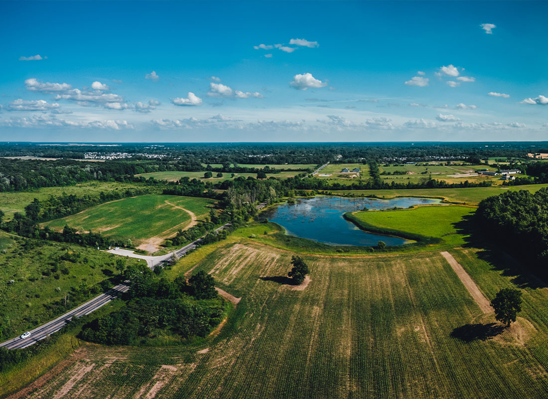 Marne, MI - Aerial View of Michigan Farmland on a Cloudy Day